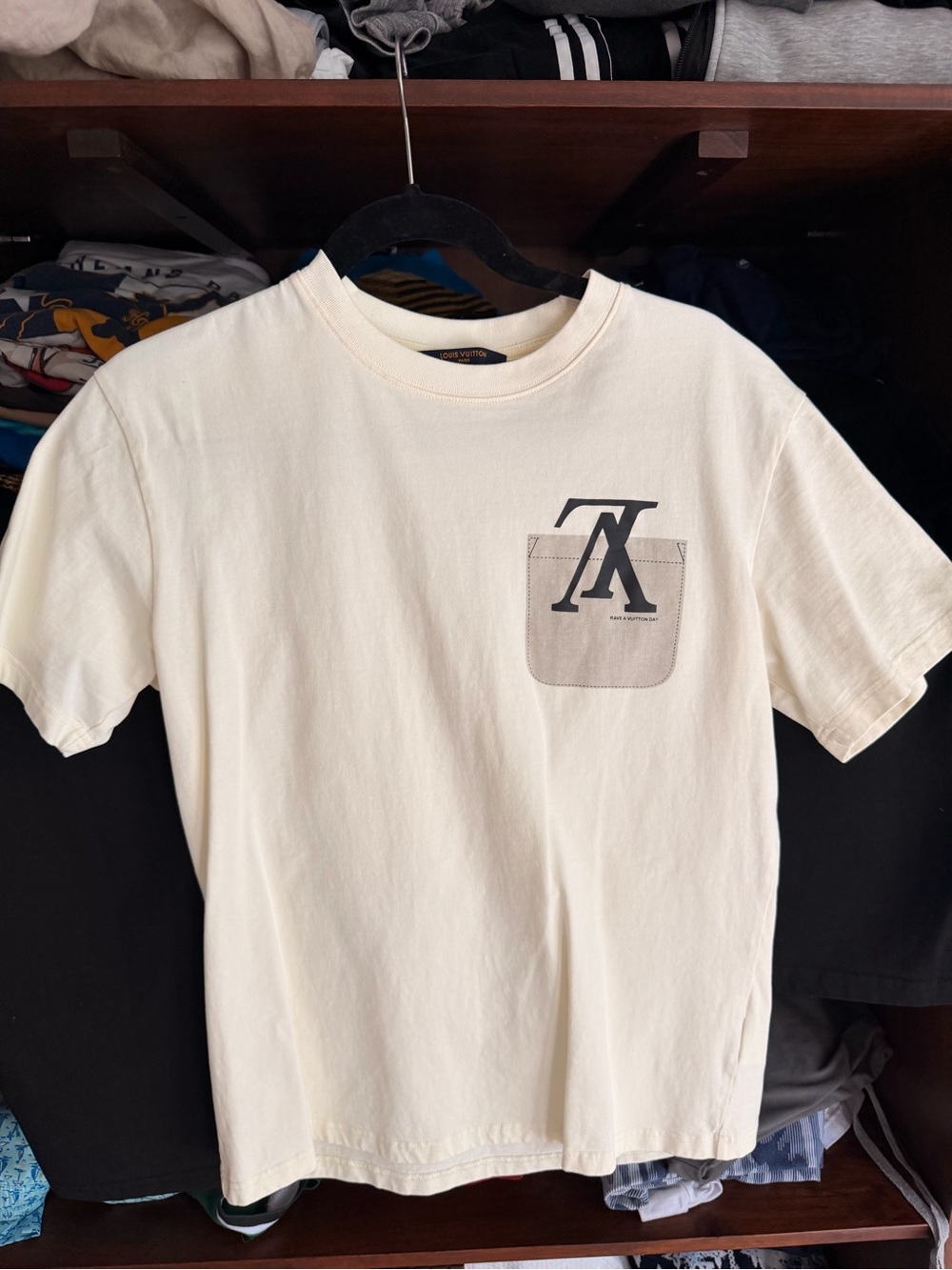 Louis Vuitton Cream Pocket Logo Tee with Black LV Motif Men’s